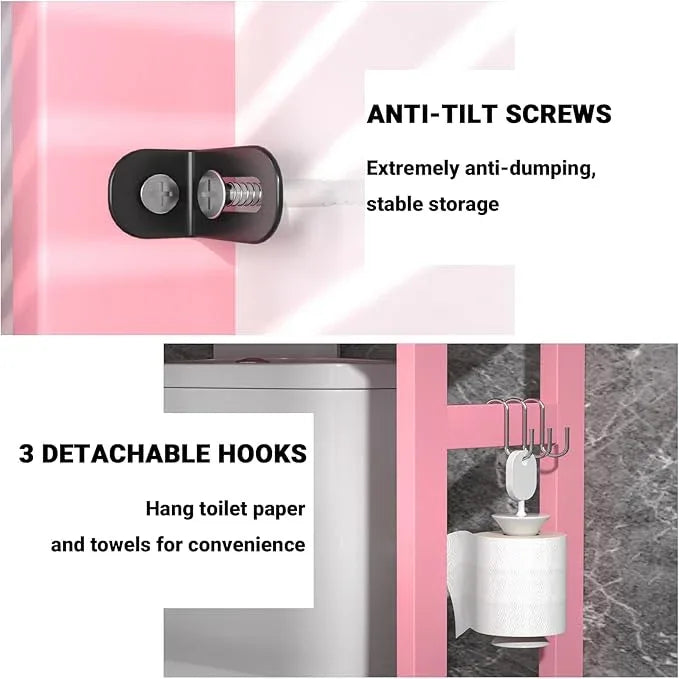Homykic Bamboo Over The Toilet Storage Shelves, 3-Tier Above Toilet Storage Organizer Rack with 3 Hooks, Freestanding Bathroom Tower Shelf Unit for Small Space, No Rust, Easy to Assemble, Pink - ModernBath