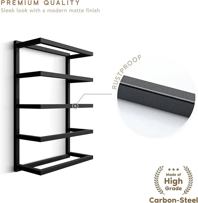 Modern Tiered Towel Rack - Wall-Mounted Metal Towel Shelf for Bathroom, Space-Saving Storage for Towels, Organizers, and Home Decor (Black, 5-Tier) - ModernBath