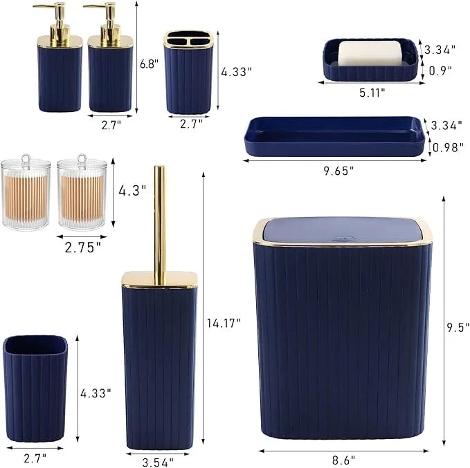 XLHOMO Bathroom Accessories Set - Gorgeous Bathroom Set, 10PC Navy Blue Bathroom Accessory Set, Toilet Brush, Trash Can, Qtip Holder Dispenser & Soap Dispenser - ModernBath