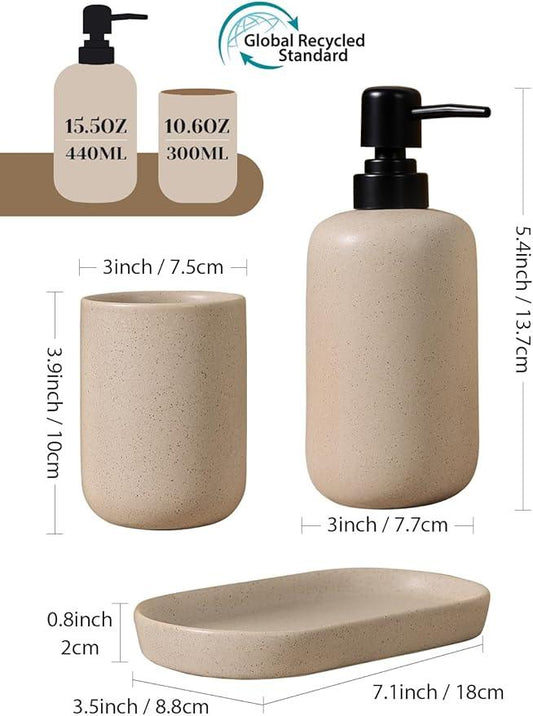 INGOFIN 3 Pcs Ceramic Bathroom Accessory Set - Liquid Soap Dispenser, Toothbrush Holder & Tray, Bathroom Counter Set, Countertop Essentials for Home, Guest Bathroom, or Office Use, Beige - ModernBath