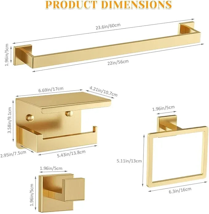 Brushed Gold Towel Bar Set 5 Pieces Bathroom Hardware Accessories Set,Upgraded Toilet Paper Holder with Shelf,Stainless Steel Towel Holder Set for Bathroom,Wall-Mounted 23.6 in - ModernBath