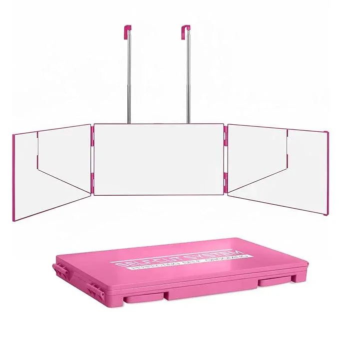 Self-Cut System 3 Way Mirror for Braiding Hair, Styling & Hair Coloring - Tri-Fold Three Way Mirror with Telescoping Hooks - Compact & Travel Size - Over-the-Door Mount for DIY Haircuts, Makeup - Pink - ModernBath