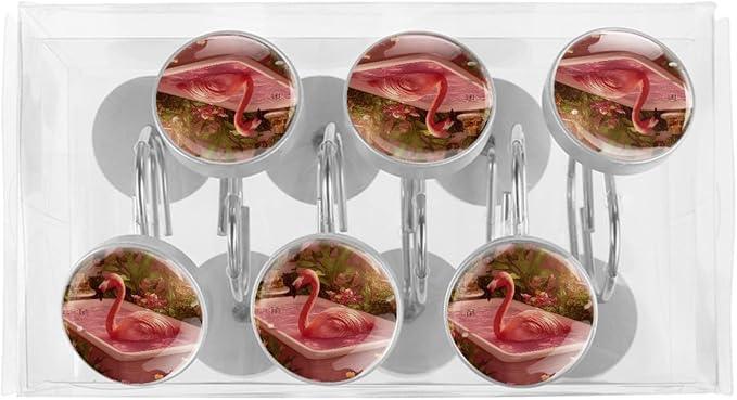 Pink Bathing Flamingo Shower Curtain Hooks, 12Pcs Decorative Rust Resistant Shower Rings for Shower Curtain Rods, Stainless Steel Round Curtain Hooks for Bathroom, Bedroom - ModernBath