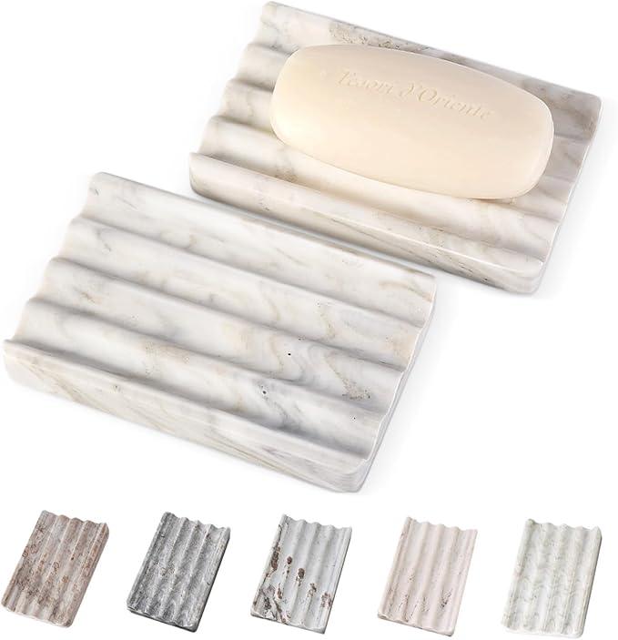 2PCS Koville Italian Natural Marble Soap Dish for Shower, Multi-Color Stone Soap Tray for Bathroom, Bar Soap Holder for Sink, Stripe Grooves Soap Saver Sponge Holder (White/Brown Random) - ModernBath