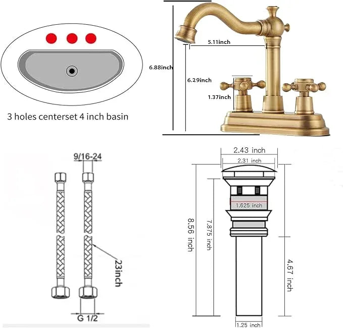 Bathroom Faucet Antique Brass GGStudy 2 Handles 4 Inches Centerset Bathroom Vanity with Drain Assembly and Supply Hose Lavatory Faucet Mixer Double Handle Tap - ModernBath