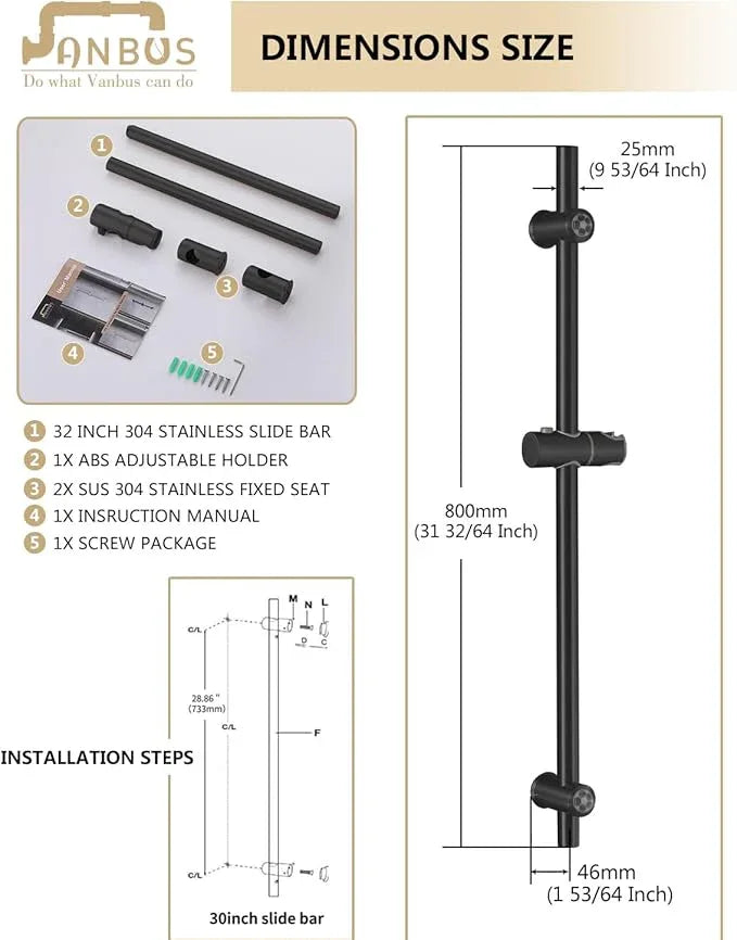 Vanbus All Metal handheld shower head holder 30-Inch with Shower Slide Bar for Bathroom Wall Mount SUS 304 Stainless Steel Brushed Finish Matte Black - ModernBath
