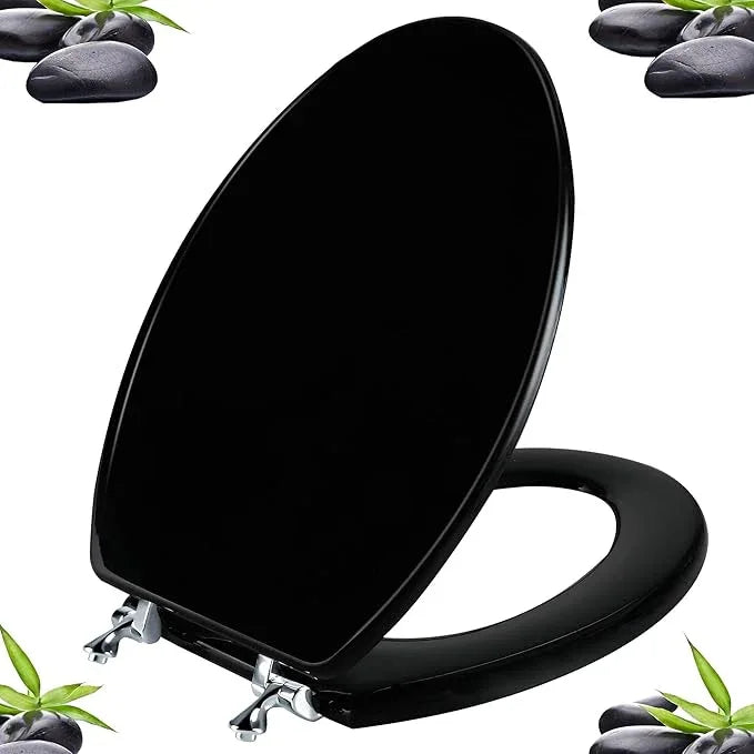 Black Elongated Toilet Seat Natural Wood Toilet Seat with Zinc Alloy Hinges, Easy to Install also Easy to Clean, Scratch Resistant Toilet Seat by Angol Shiold (Elongated, Black) - ModernBath