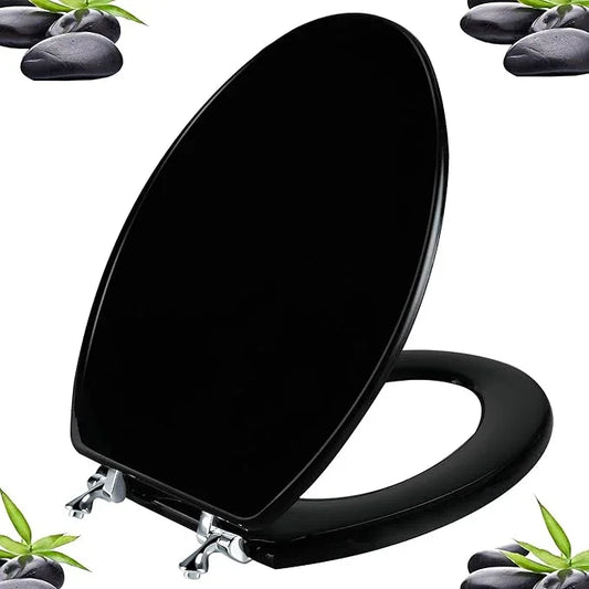 Black Elongated Toilet Seat Natural Wood Toilet Seat with Zinc Alloy Hinges, Easy to Install also Easy to Clean, Scratch Resistant Toilet Seat by Angol Shiold (Elongated, Black) - ModernBath