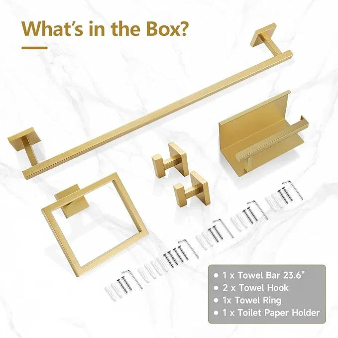 TQKAG 5-Pieces Brushed Gold Bathroom Hardware Accessories Set 23.6" SUS304 Stainless Steel Towel Bar Set Wall Mounted Square Toilet Paper Holder with Shelf - ModernBath