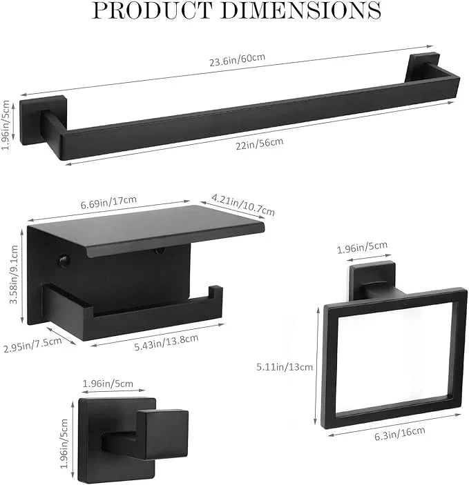 5 Pieces Black Towel Bar Set Bathroom Hardware Accessories Set Upgraded Toilet Paper Holder with Shelf Towel Holder Set for Bathroom Stainless Steel Wall Mounted - ModernBath