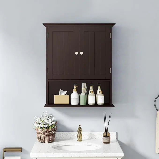 Tangkula Bathroom Wall Cabinet, Wooden Hanging Storage Cabinet with Doors & Shelves, Multipurpose Storage Cabinet for Restroom Kitchen Living Room, Wall Mounted Bathroom Medicine Cabinet (Brown) - ModernBath