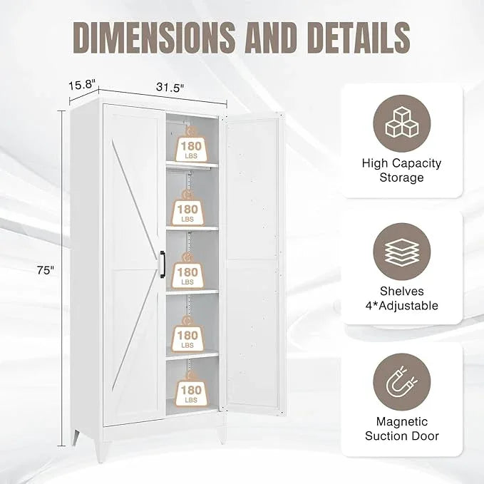 Yizosh Metal Storage Cabinet with Doors and 4 Adjustable Shelves - 75" White Kitchen Pantry Storage,4-Tier Tall Steel Cabinet Locker for Kitchen,Living Room,Dining Room - ModernBath