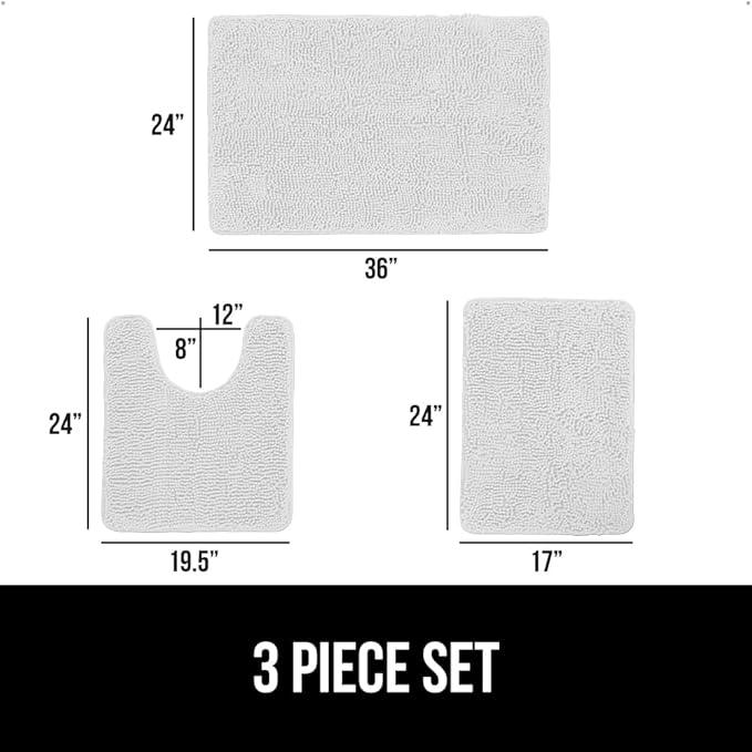 GORILLA GRIP Bathroom Rug Sets 3 Piece, Bath Mat Set and Oval Toilet Base with Rubber Backing, Plush Absorbent Shaggy Chenille Washable Mats, Includes 24x19.5, 24x17 and 36x24 Inch Rugs, White - ModernBath