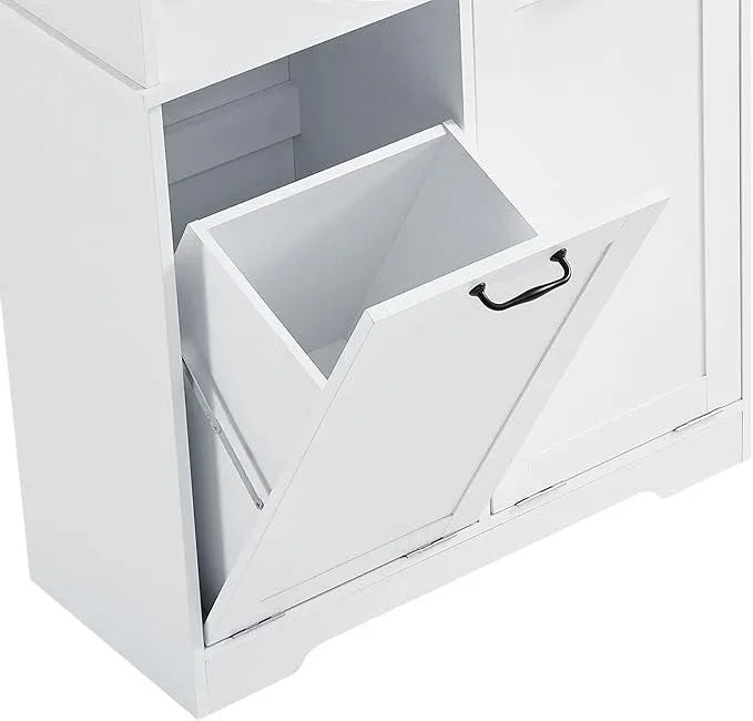 Bathroom Storage Cabinet with Doors and Drawers, Tilt-Out Laundry Hamper, Multiple Storage Space, Freestanding Style, Open Shelve, Adjustable Shelf (White) - ModernBath