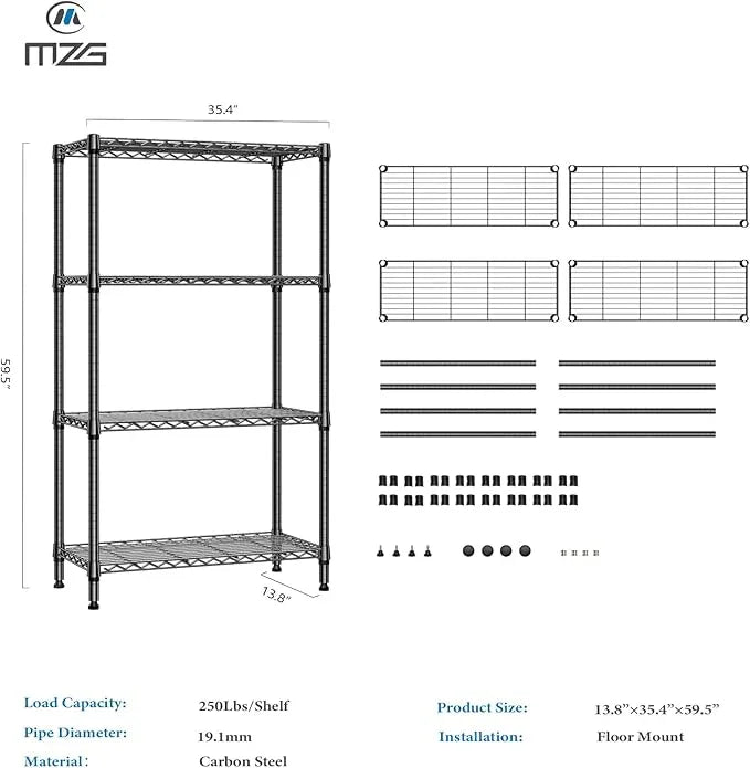 1000 lbs 4 Tier Shelf Metal Storage Shelves Shelving Wire Rack Heavy Duty Closet Organizers for Garage Kitchen Bathroom Laundry Black 13.8" D x 35.4" W x 59.5" H - ModernBath