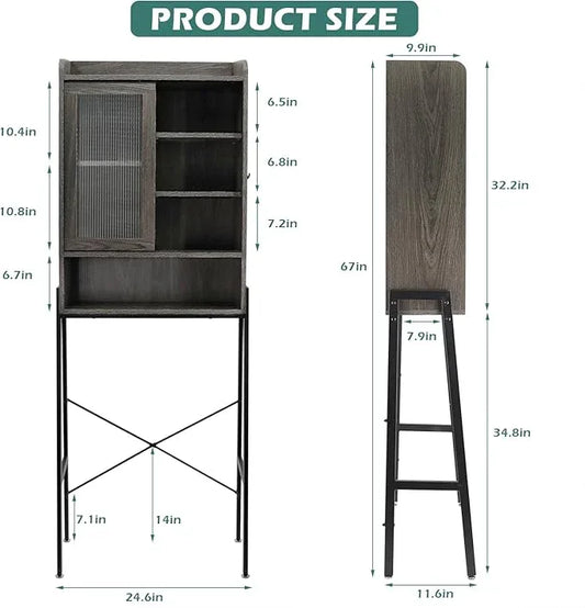 Over Toilet Storage Cabinet for Bathroom, Over Toilet Shelf Organizer, Freestanding Space Saver with Adjustable Shelves, Wide Open Shelf, Acrylic Sliding Door, Metal Frame, Vintage Grey - ModernBath