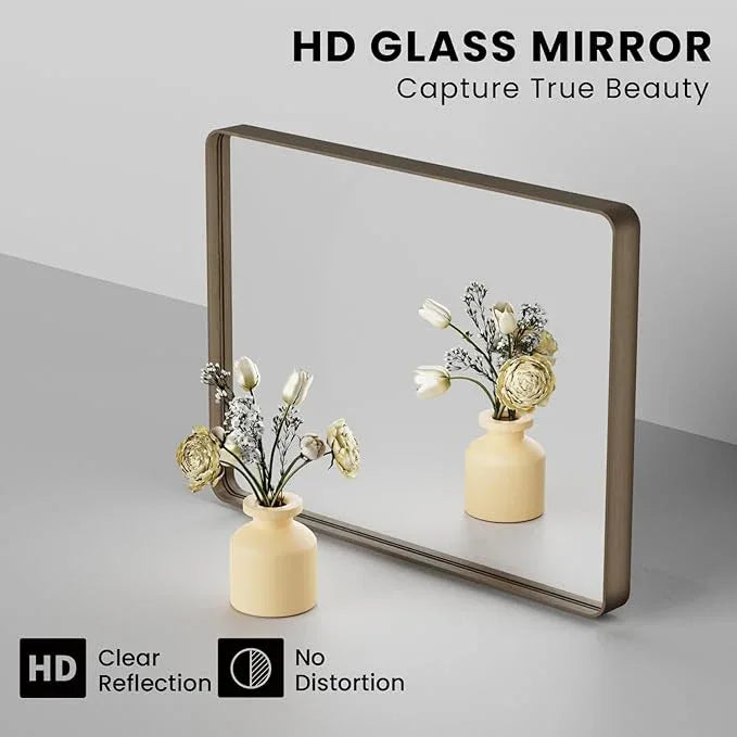 JISOSO Bronze Bathroom Mirror 36x36 Inch, Brushed Bronze Metal Frame Mirror for Wall, Rounded Rectangle Bathroom Vanity Mirror with Tempered Glass, Anti-Rust, Horizontal/Vertical - ModernBath