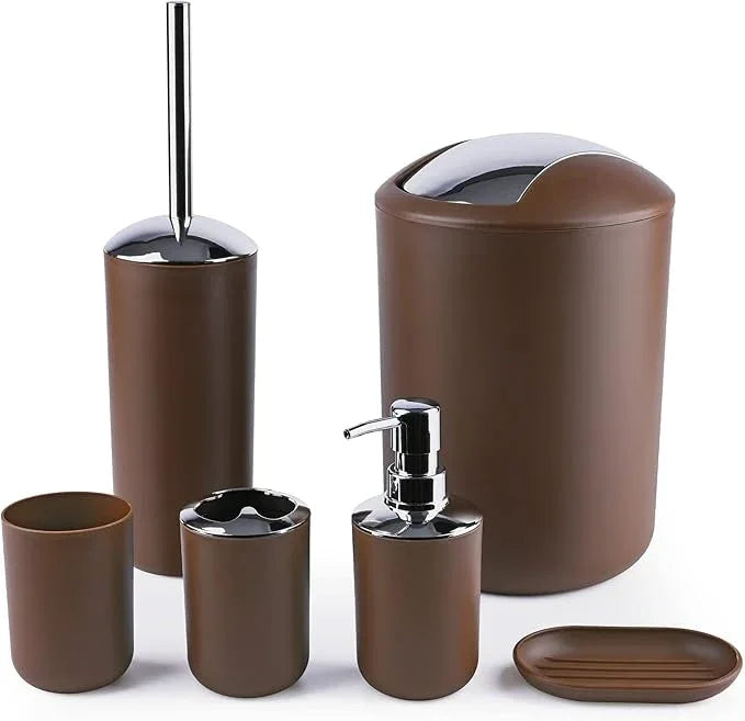 Papillon 6-Piece Bathroom Organization Set, Toothbrush Holder with Cup, Soap Dispenser & Dish, Toilet Brush, Trash Can, Tumbler Set (Coffee) - ModernBath
