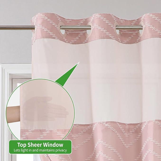 Blush Pink No Hook Shower Curtain with Snap-in Liner Set,Boho Modern Farmhouse White Tufted Chevron Striped Design,Woven Fabric Bathroom Curtain,71x74 - ModernBath
