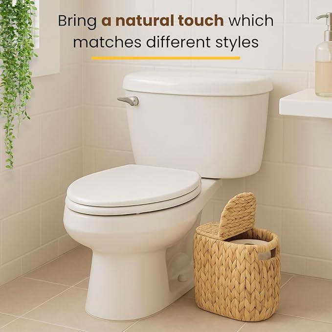 Toilet Paper Basket with Lid, Woven Natural Water Hyacinth Toilet Paper Storage, Papers Container for 4 Mega Rolls, Storage Holder with Built-in Handles, Slim Bathroom Stand Basket Organizer for Decor - ModernBath