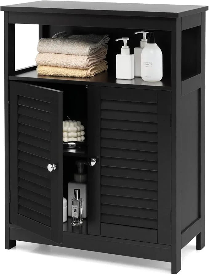 GLACER Bathroom Floor Cabinet, Wooden Storage Cabinet with Double Shutter Doors & 3-Position Adjustable Shelf, Side Storage Organizer, 23.5 x 12 x 31.5 inches (Black) - ModernBath