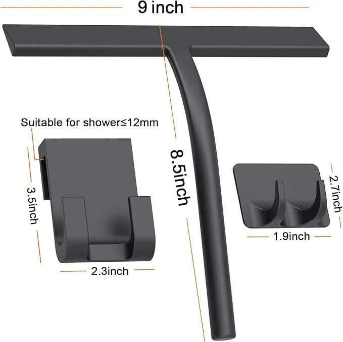 Anlynwooh All -Purpose Silicone Shower Squeegee for Shower Glass Door with Hook, Bathroom Accessories for Window Mirror Tile Car Shower Walls,Household Shower Cleaner Tool (Black, 9 inch(2hooks) - ModernBath