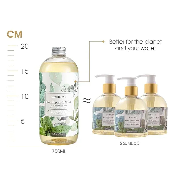 ROMIIE ZOI Eucalyptus & Mint Liquid Hand Soap Refill, Gentle & Moisturizing Formula, Natural Cruelty-Free Soap, Large 750 ML Bottles Bulk for Kitchen, Bathroom, and Dispensers (26 FL OZ, Pack of 3) - ModernBath
