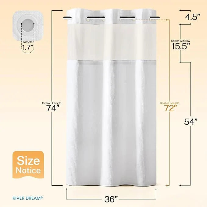 River Dream Stall Heavyweight No Hooks Required Dotted Waffle Weave Shower Curtain with Snap in Liner - 36W x 74H,Hotel Grade,Spa Like Bath Curtain,White - ModernBath
