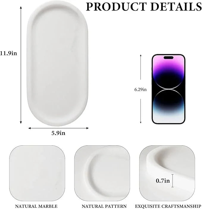 Koville Natural Marble Tray for Bathroom Decor Countertop, Vanity Tray Italy Oval Stone Trays for Candles Perfume, Storage Trays for Cosmetics, Jewelry, Decorative Tray for Dresser Organizer(White) - ModernBath