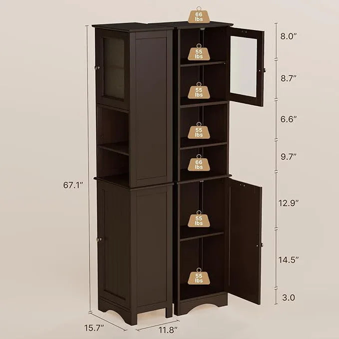 Gizoon Tall Bathroom Storage Tower, Freestanding Linen Cabinet with Two-Way Doors, Adjustable Shelves, Anti-Tip Floor Cabinet, for Home, Kitchen, Living Room, Dark Brown - ModernBath