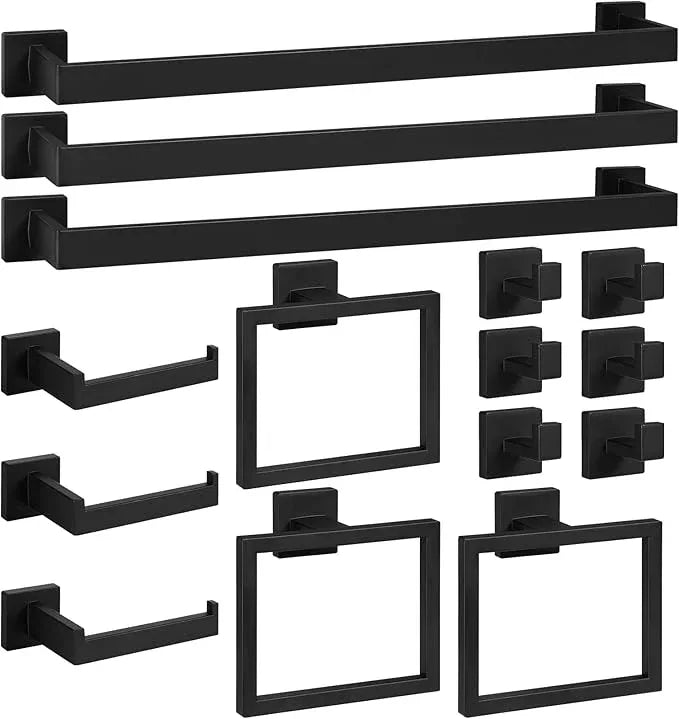 Cilee 15-Pieces Bathroom Hardware Set - Matte Black Bathroom Accessories, 24 Inch Towel Bar, Square Towel Ring, Toilet Paper Holder, Towel Hook, Wall-Mounted Stainless Steel Towel Bar Rack Set - ModernBath