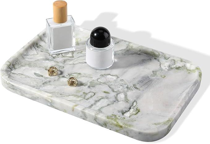 Karibiber Luxury Marble Vanity Tray, Bathroom Tray Countertop, Bianco Marble/Stone, Home Decorative Dresser Organizer, Storage for Kitchen Sink, Perfume Jewelry Holder(Green&White) - ModernBath