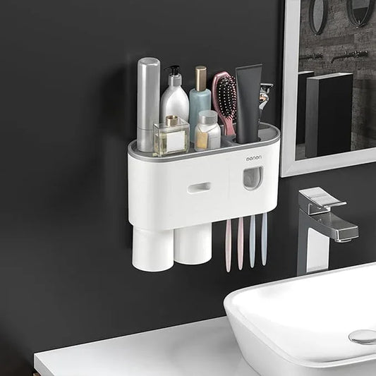 Celsitudo No-Drill Wall Mounted Toothbrush Holder, Bathroom Shelf, with Automatic Toothpaste Dispensers 4 Brush Hooks 2 Magnetic Cups 1 Cosmetic Drawer Organizer and Large Storage (1 Dispenser 2 Cups) - ModernBath