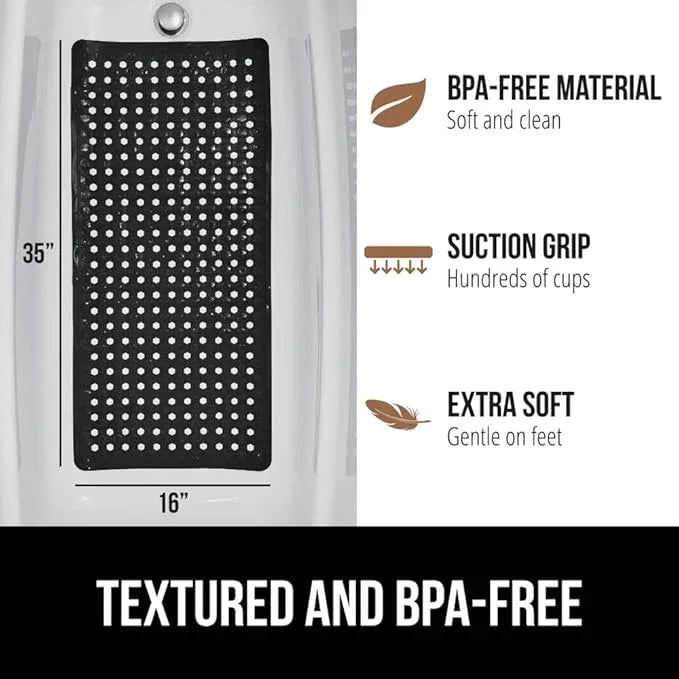 GORILLA GRIP Patented Bath Tub Shower Mat, Machine Washable Bathtub Floor Liner Mats, Suction Cups and Drain Holes to Keep Tubs Clean, Soft on Feet, Bathroom Essentials, 35x16 Inch, Black - ModernBath
