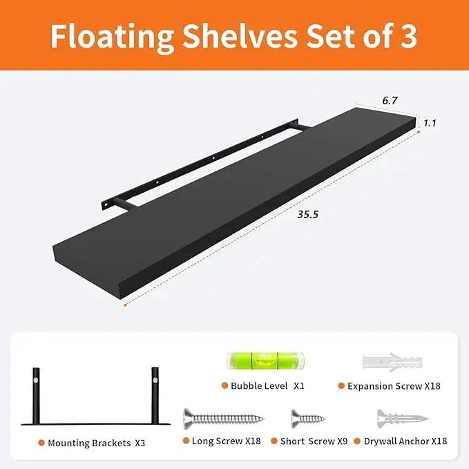 Floating Shelves for Wall Set of 3, 36" Black Wall Shelves for Home Decor, Frame Display Black Floating Shelf for Living Room, Bedroom, Bathroom, Kitchen - ModernBath