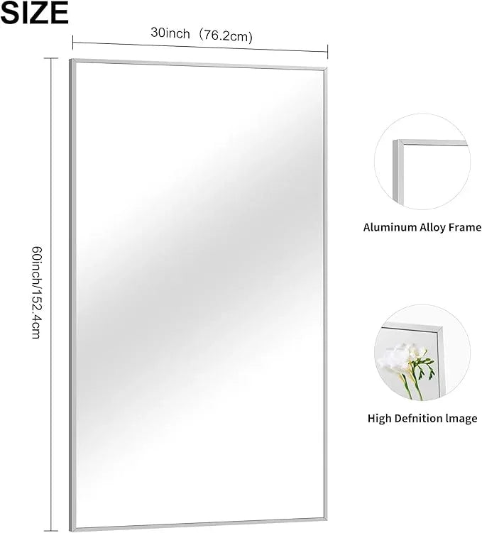 COFENY Silver Bathroom Mirror for Wall, 30x60 Inch Rectangle Mirrors with Metal Frame, Modern Vanity Large Wall Mirror for Bathroom Living Room, Entryway Hangs Horizontal or Vertical - ModernBath