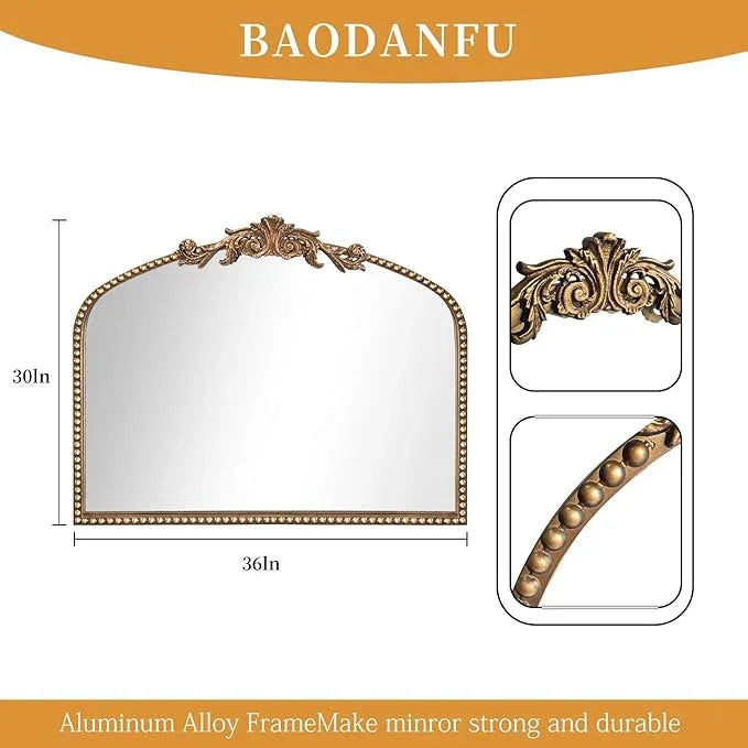 BAODANFU Baroque Arch Mirror for Living Room Wall, 36" X 30" Antique Gold Traditional Cathedral Ornate Beaded Arched Frame Decorative Vanity Mirrors for Mantel Fireplace, Bathroom, Bedroom Decor - ModernBath