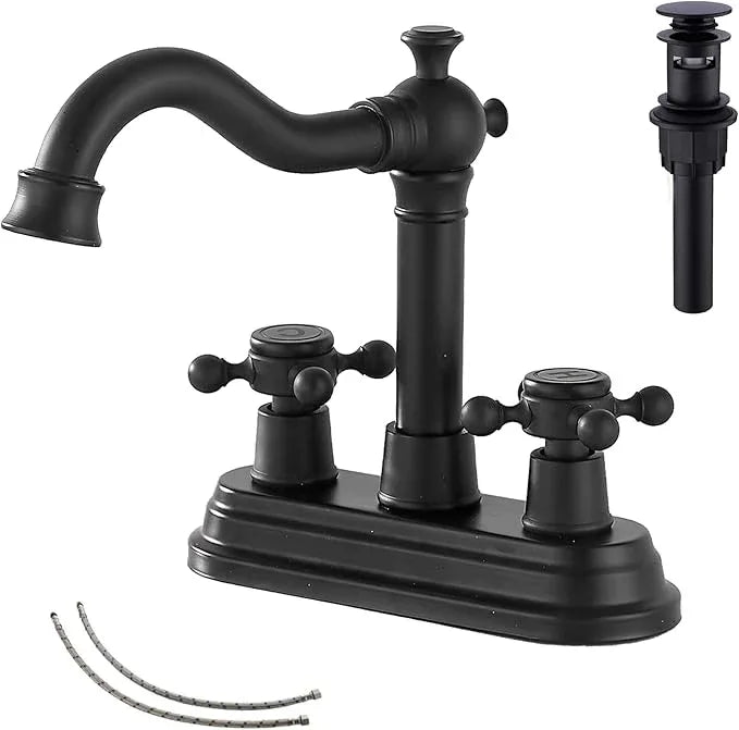 Bathroom Faucet Matte Black GGStudy 2 Handles 4 Inches Centerset Bathroom Vanity with Drain Assembly and Supply Hose Lavatory Faucet Mixer Double Handle Tap - ModernBath