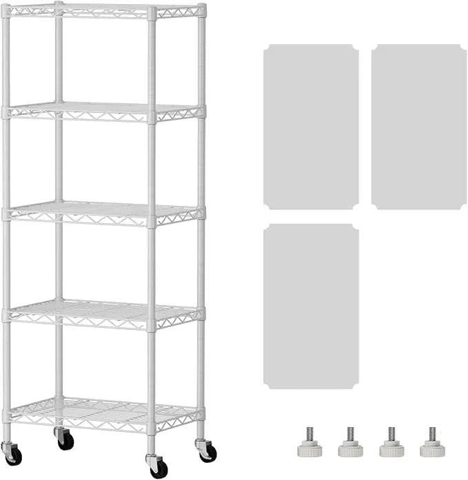 SINGAYE 5 Shelves Storage Shelf Wire Closet Bathroom Organizers Metal Pantry Kitchen Small Garage Shelving Unit Laundry Room Organization Home Narrow Rack Net Basket with Wheels White - ModernBath