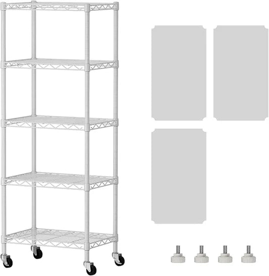 SINGAYE 5 Shelves Storage Shelf Wire Closet Bathroom Organizers Metal Pantry Kitchen Small Garage Shelving Unit Laundry Room Organization Home Narrow Rack Net Basket with Wheels White - ModernBath