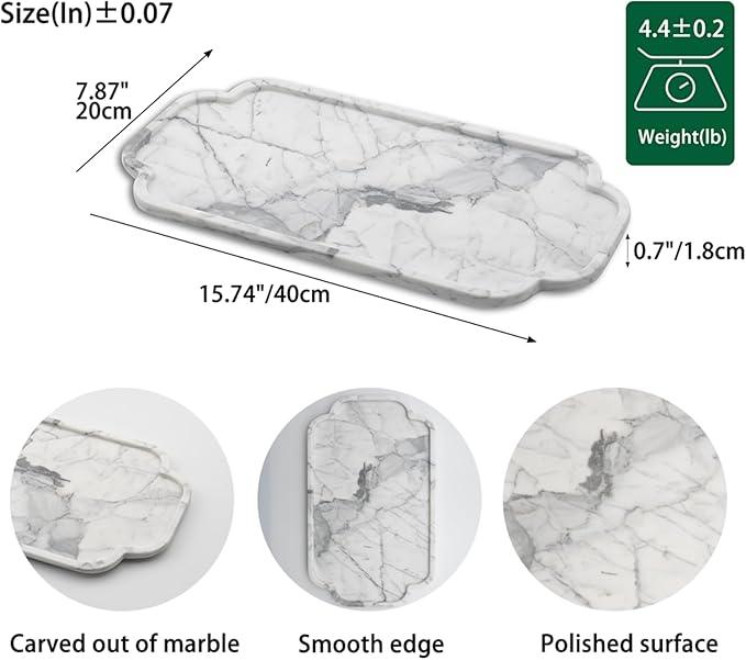 Marmor Real Natural Marble Bathroom Tray for Perfume, Candles, Jewelry Stone Vanity, Bathroom & Kitchen Counter Organizer and Home Decor (Statuario White(15.74 * 7.87 * 0.7)) - ModernBath