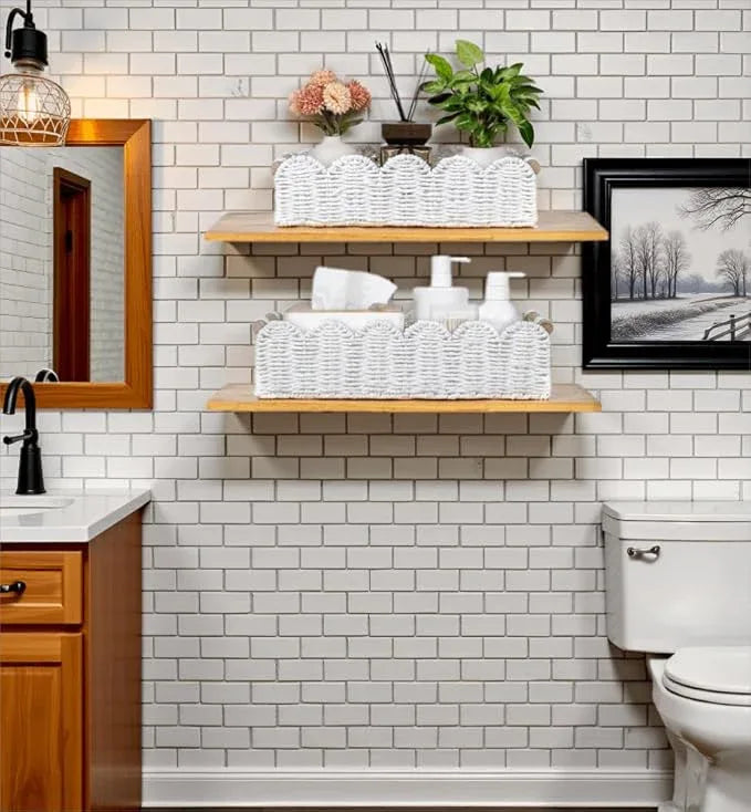 CubesLand Decorative Toilet Paper Storage Basket, Modern Farmhouse Home Decor Basket for Organizing, Scalloped Pantry Baskets for Shelves, Countertop, Living Room, w/Wood Handles, White 2 Sizes - ModernBath