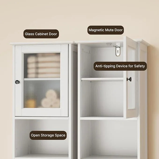 Gizoon 67.1" Tall Bathroom Storage Cabinet with Adjustable Shelves, Narrow Tall Linen Tower with Open Shelves, Two-Way Doors Freestanding Cabinet with Anti-Tip, for Home, Kitchen, Living Room, White - ModernBath
