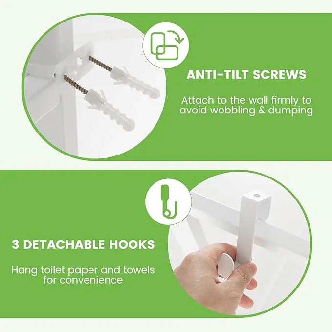 Giantex Over The Toilet Storage Shelf, 3-Tier Freestanding Space Saver Above Toilet Shelves with 3 Hooks & Adjustable Bottom Bar, Over Toilet Bathroom Organizer for Restroom, Laundry (White) - ModernBath