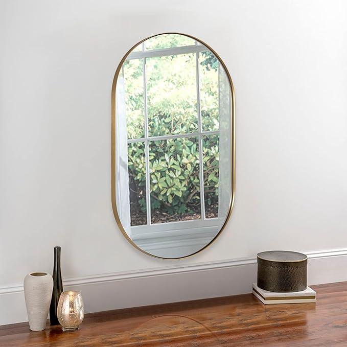 ANDY STAR Brushed Gold Bathroom Mirror, 48 x 30 Inch Oval Vanity Mirror, Brushed Brass Mirror for Wall in Stainless Steel Metal Frame 1’’ Deep Wall Mounted Horizontal/Vertical - ModernBath