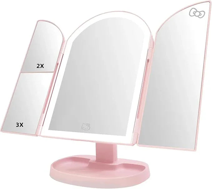 Impressions Vanity Hello Kitty Bow Arch Trifold LED Makeup Mirror for Desk, 3 Way View Foldable Vanity Mirror with Lights, 2X and 3X Magnification, Adjustable Tilt and Soft Touch (Light Pink) - ModernBath