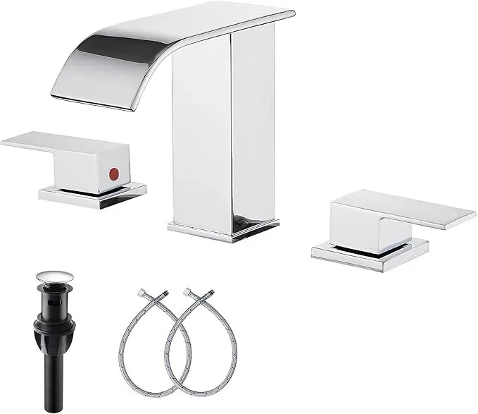 Waterfall Widespread Bathroom Faucet Chrome GGStudy 3 Holes 2 Handle Modern Bathroom Sink Faucet with Pop Up Drain - ModernBath