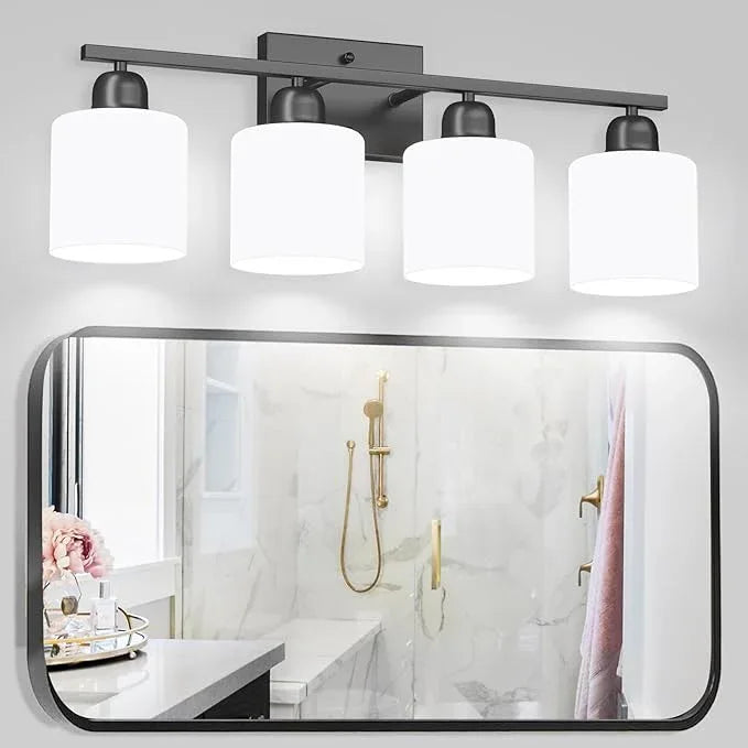 FAISHILAN 4-Light Black Bathroom Vanity Light, Light Fixtures with Milky White Frosted Glass Shades, Black Vanity Light for Bathroom Mirror, Bedroom, Living Room, Vanity Table, E26 Base - ModernBath