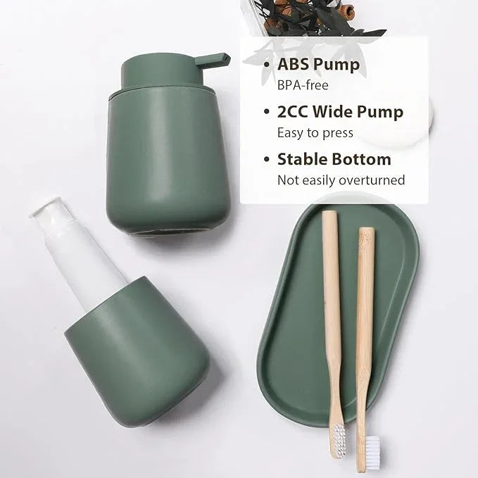 INGOFIN 3 Pcs Ceramic Bathroom Accessory Set - Liquid Soap Dispenser, Toothbrush Holder & Tray, Bathroom Counter Set, Countertop Essentials for Home, Guest Bathroom, or Office Use, Matte Green - ModernBath