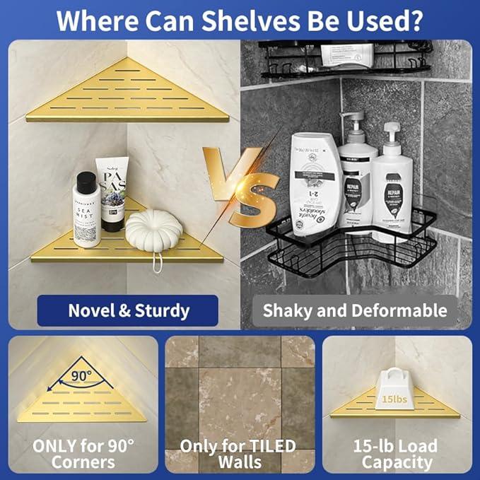 Corner Shower Shelf, 304 Stainless Steel Bathroom Shelf for Tiled Wall, Grout in Shelves (Gold, 10"-2 Pack) - ModernBath
